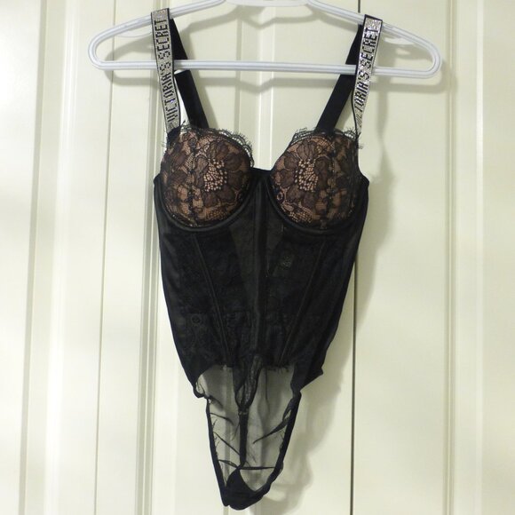 VICTORIA'S SECRET bling shine strap black nude lace and mesh teddy - Picture 1 of 7